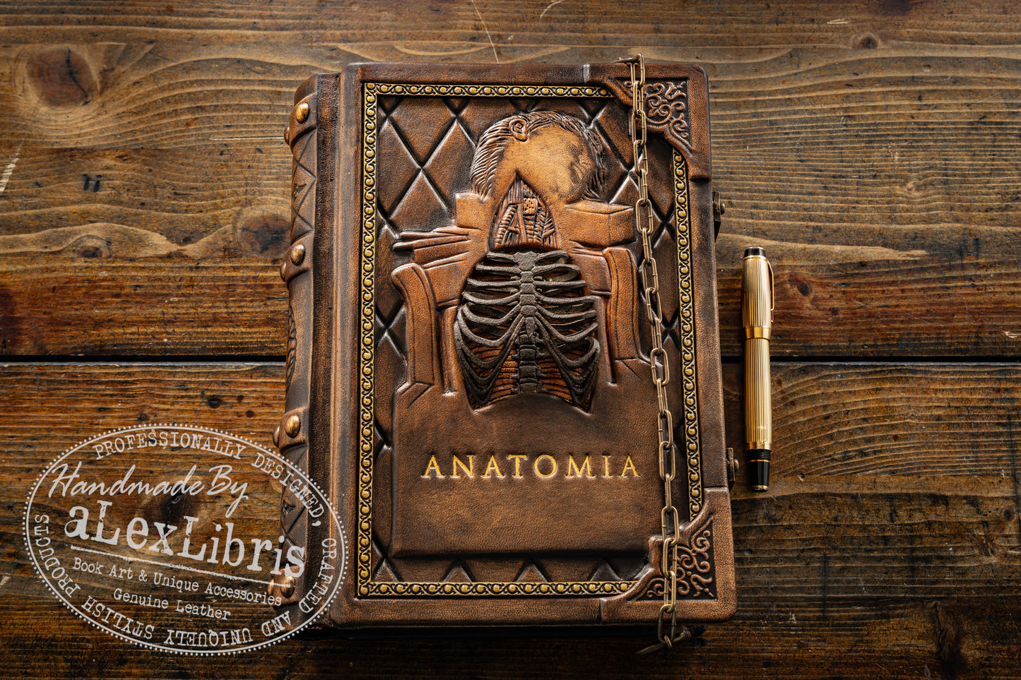 Anatomia: A Renaissance Masterpiece - Hand-Crafted Leather Sketchbook with Exquisite Rib Cage Detailing and Authentic Vintage Design