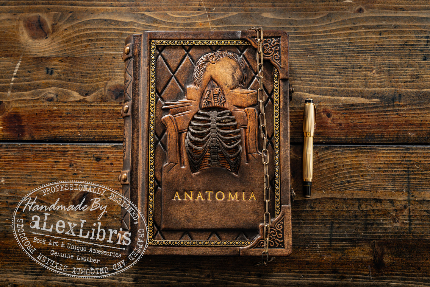 Anatomia: A Renaissance Masterpiece - Hand-Crafted Leather Sketchbook with Exquisite Rib Cage Detailing and Authentic Vintage Design